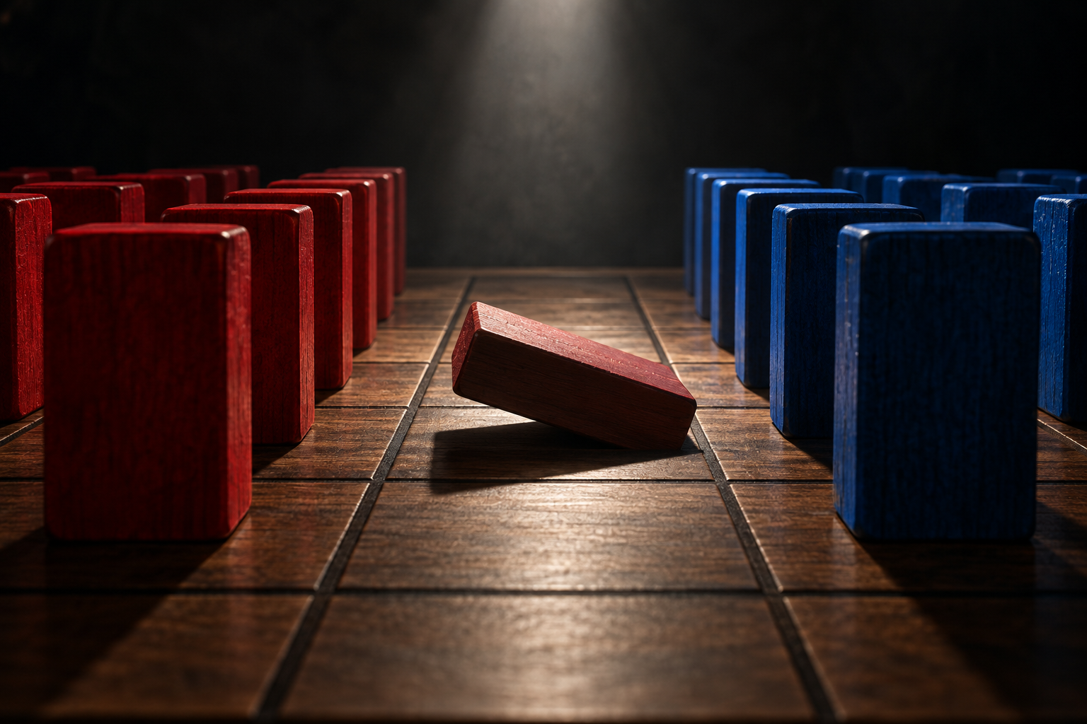 A low-angle close-up of red and blue face-down game pieces on a wooden board under a single spotlight.