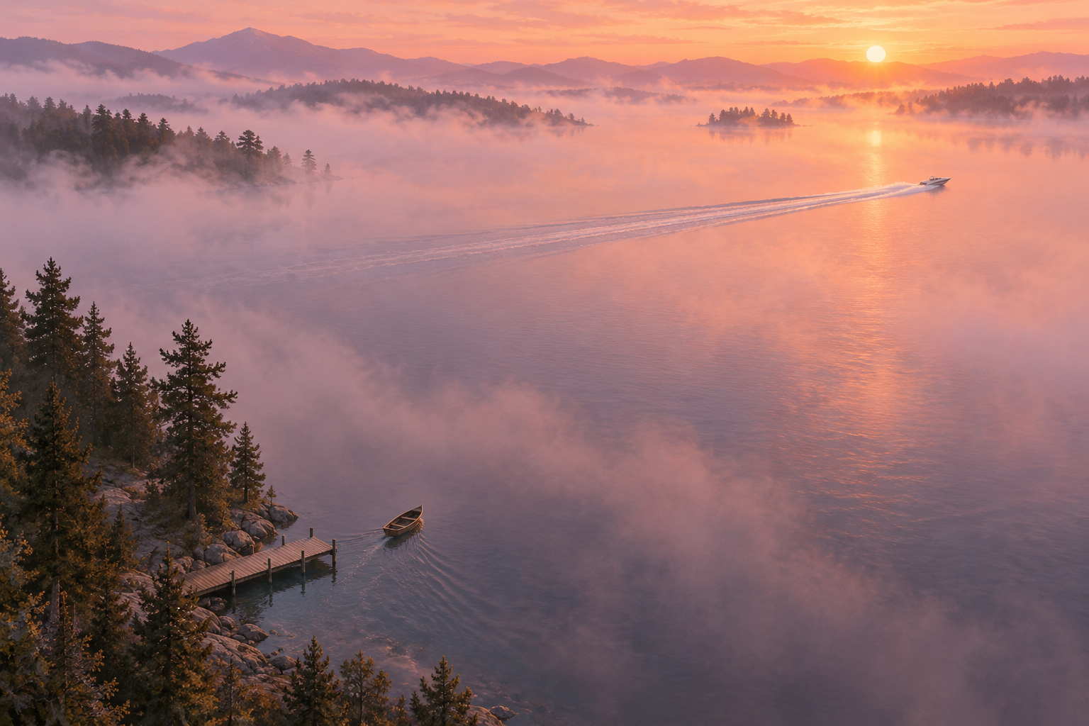 Seen from above, a speedboat races far ahead of a wooden rowboat leaving a dock on a misty lake at dawn.