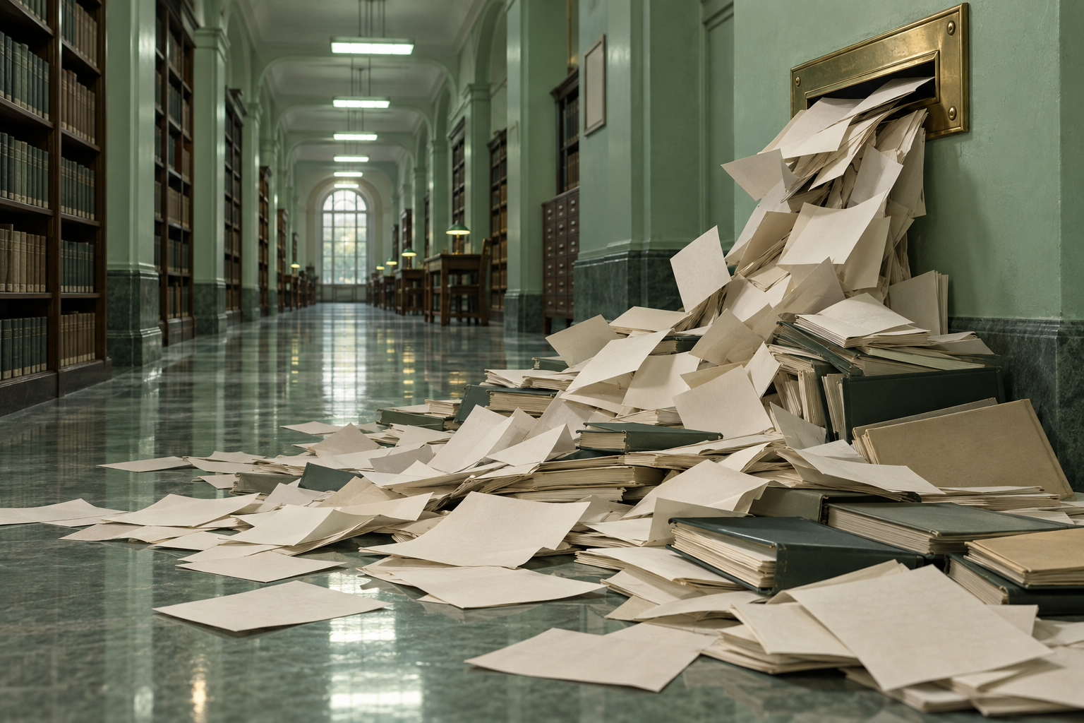 A flood of blank manuscripts pours from a brass mail slot and piles up along a library corridor under fluorescent light.