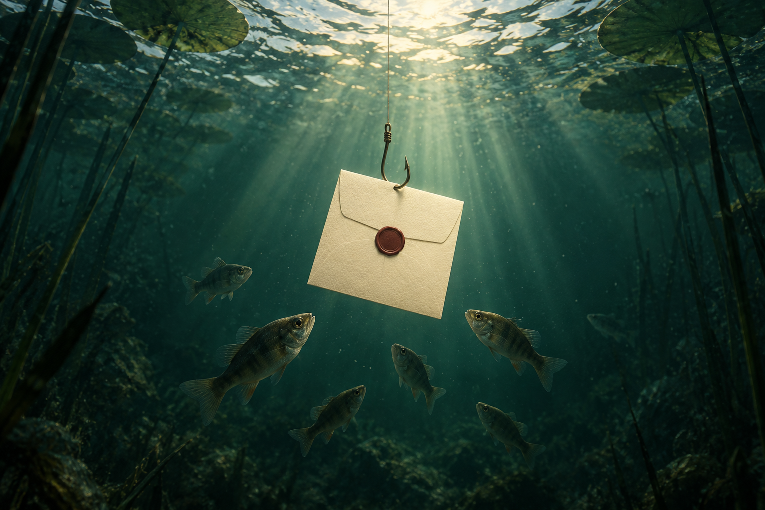 Seen from underwater, a fishing hook dangles a sealed invitation card as small fish circle below it.