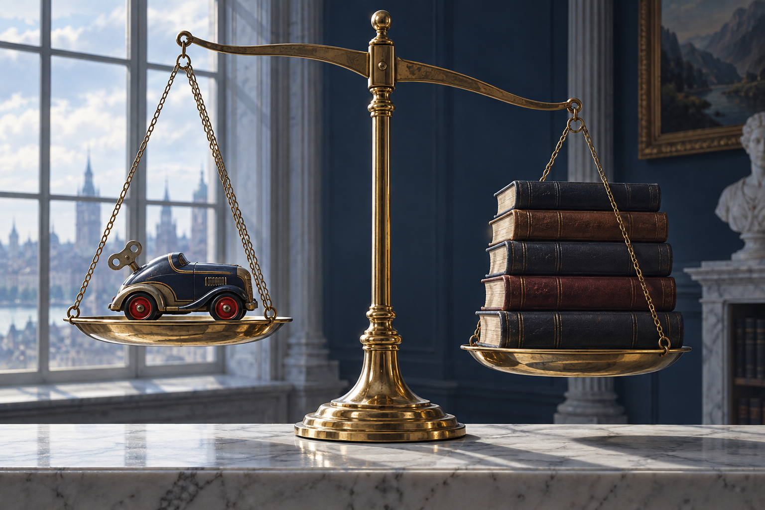 A brass balance scale weighs a small wind-up toy against a stack of leather ledgers on a marble ledge.