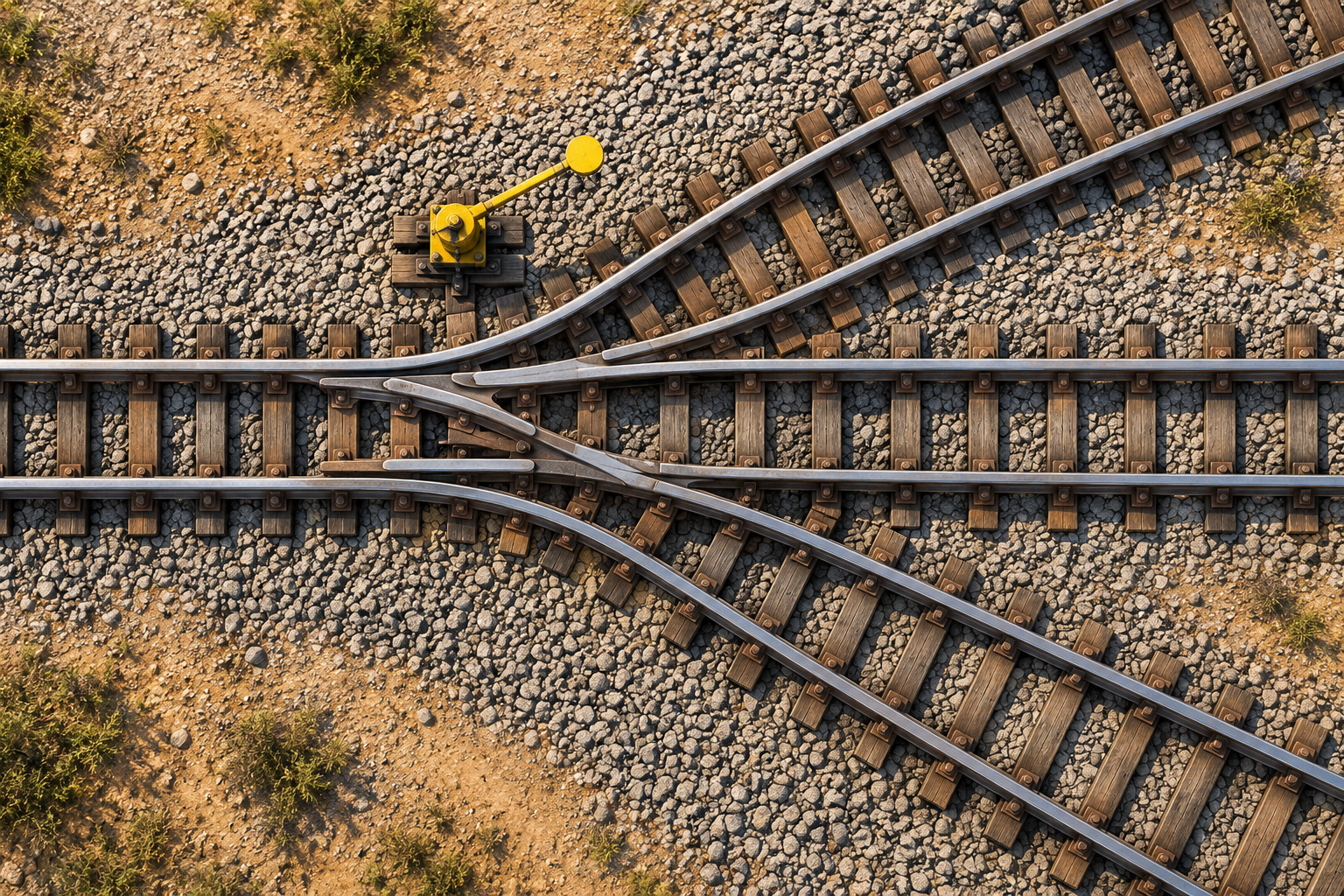 Seen from above, a railway track splits into three branches beside a yellow switch lever in bright midday sun.