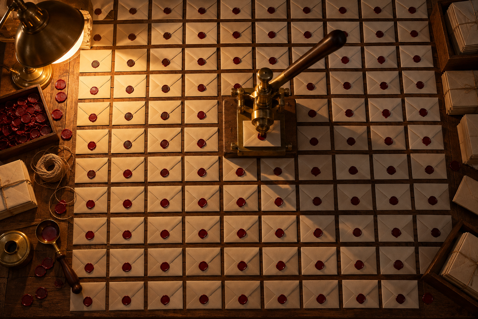 An overhead view of a mailroom table covered in rows of sealed envelopes beside a brass stamp under warm lamplight.