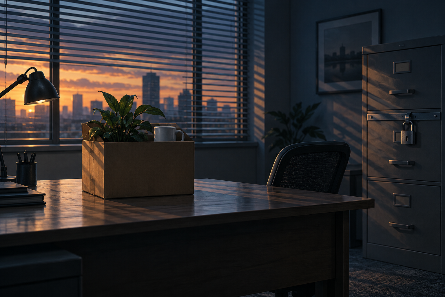 An empty office desk with a cardboard box beside a padlocked filing cabinet, striped by dusk light through blinds.