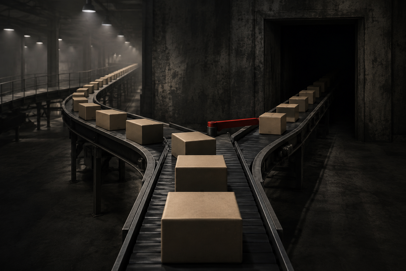 An illustration of packages on a conveyor belt splitting toward a shadowy hidden warehouse.