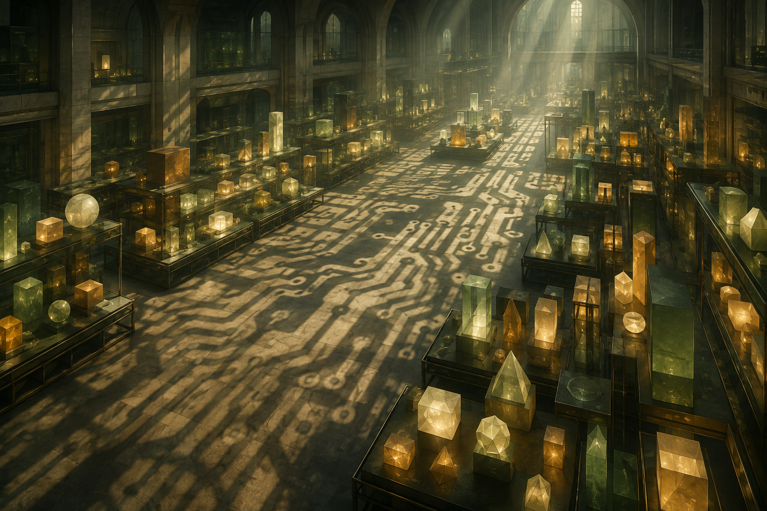 An illustration of a large open marketplace filled with glowing geometric blocks under the shadow of a circuit board.