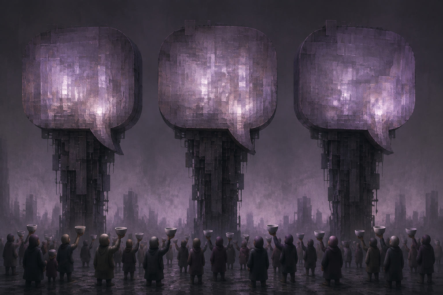 An illustration of three speech-bubble towers flickering and dimming while small figures wait below.