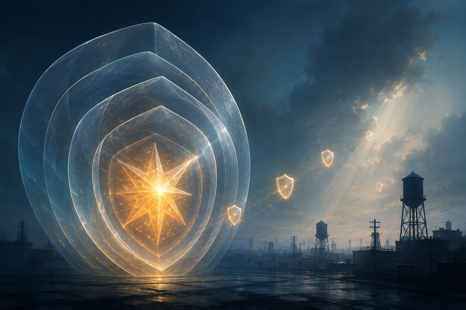 An illustration of a glowing star-shaped core inside protective shells, with shields drifting toward water towers and power lines.