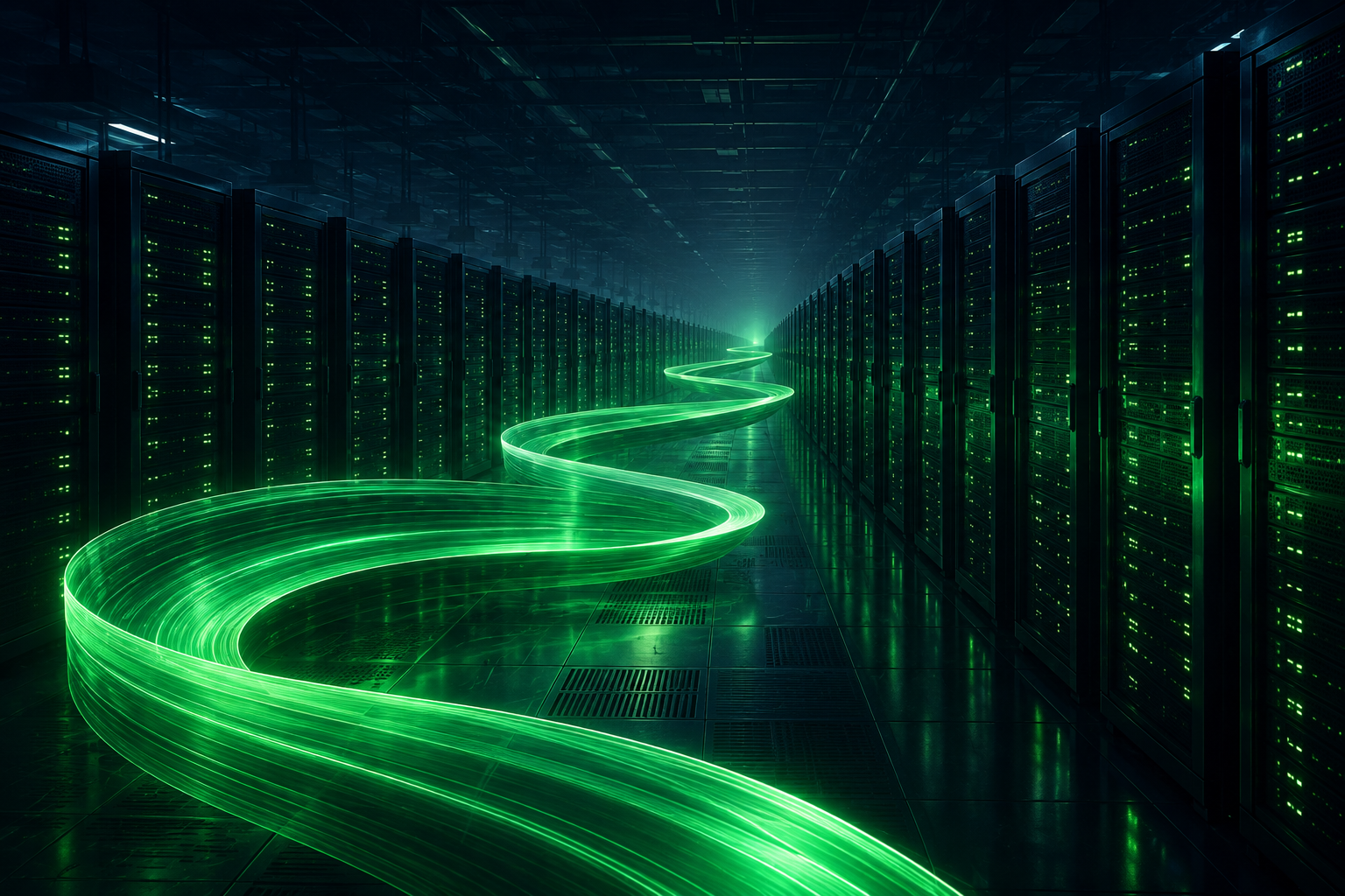 An illustration of server racks stretching to the horizon with a glowing ribbon winding through the aisles.