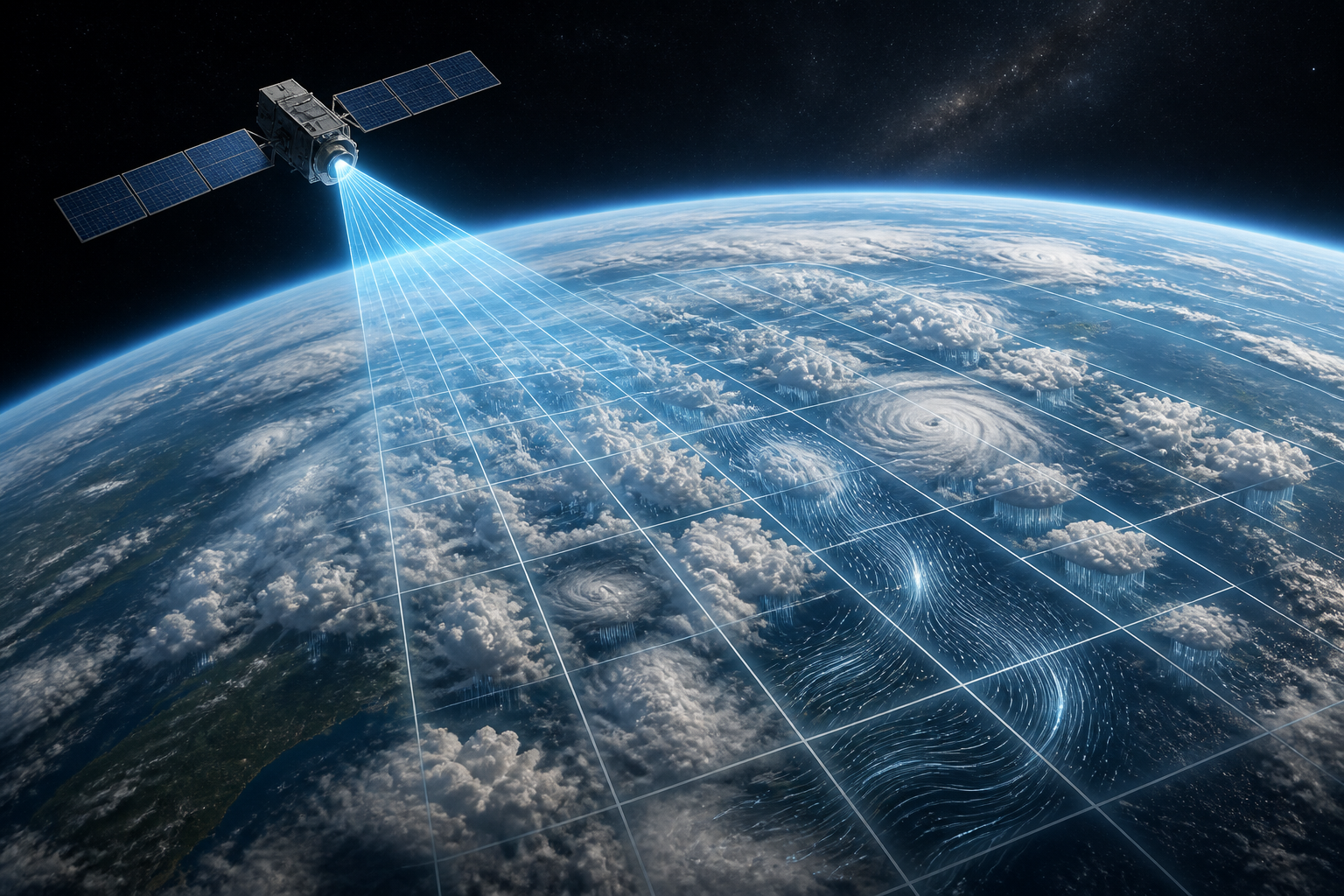 An illustration of a satellite projecting light onto a globe where weather patterns resolve into crisp grid tiles.