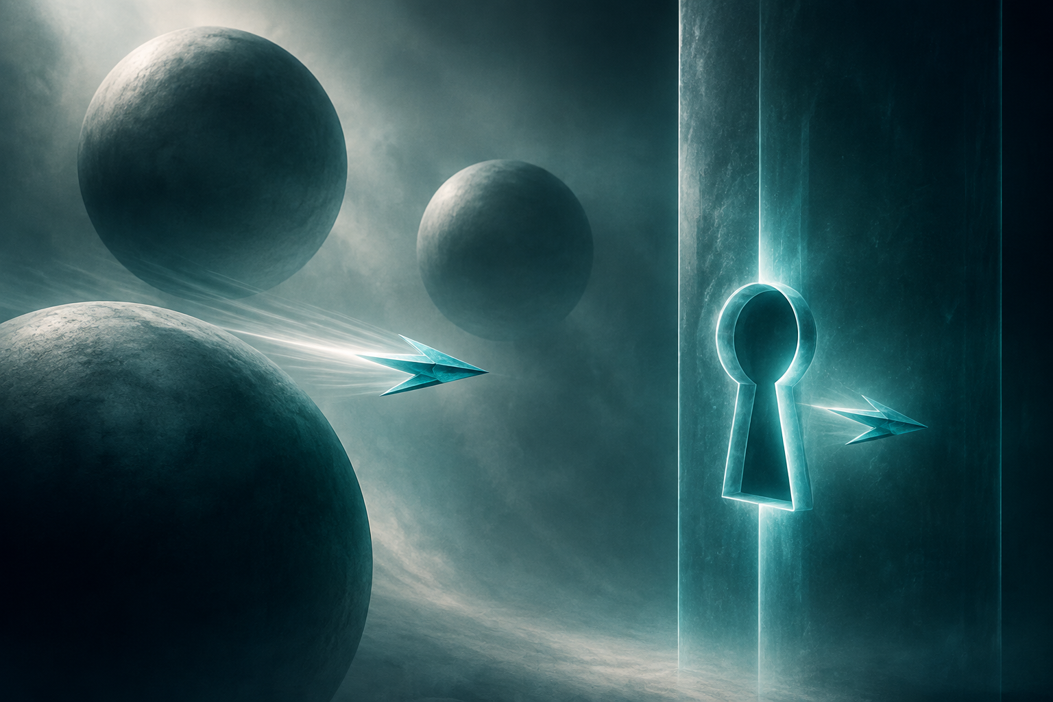 An illustration of a small lightning-bolt shape speeding past large spheres while a twin bolt sits behind a gated keyhole.