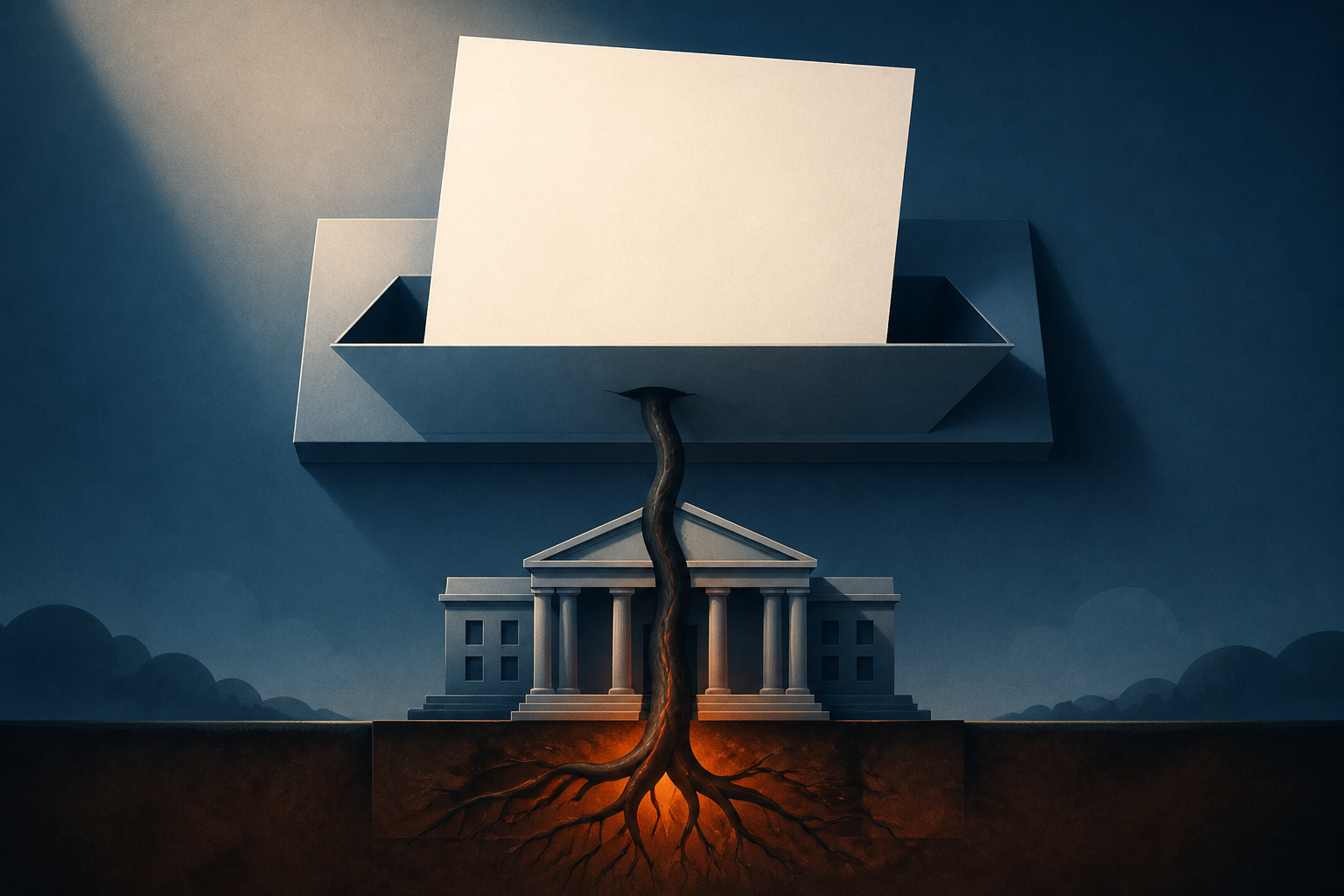 An illustration of a dark tendril slipping through a form's envelope slot into a building's foundation.