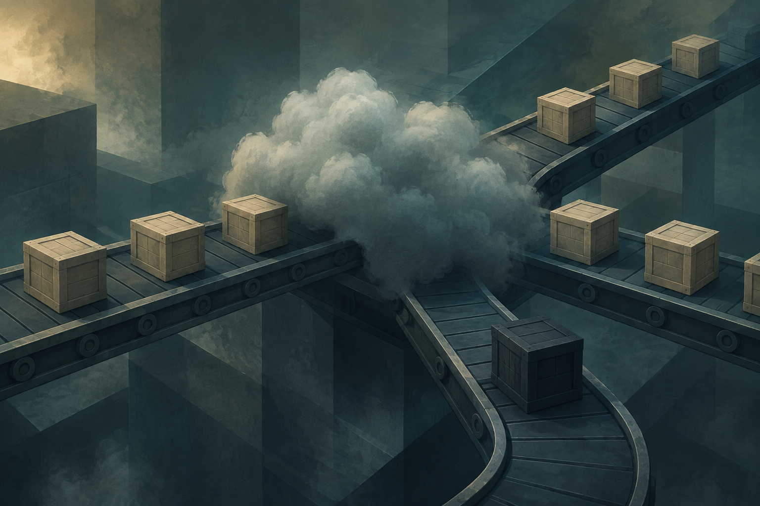 A darker crate replaces one of several identical packages at a hidden junction in a branching pipeline.