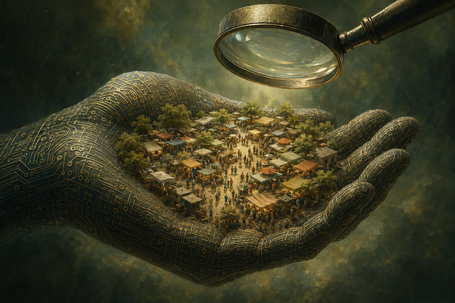 A circuit-patterned hand cradles a small open marketplace while a magnifying glass hovers overhead.