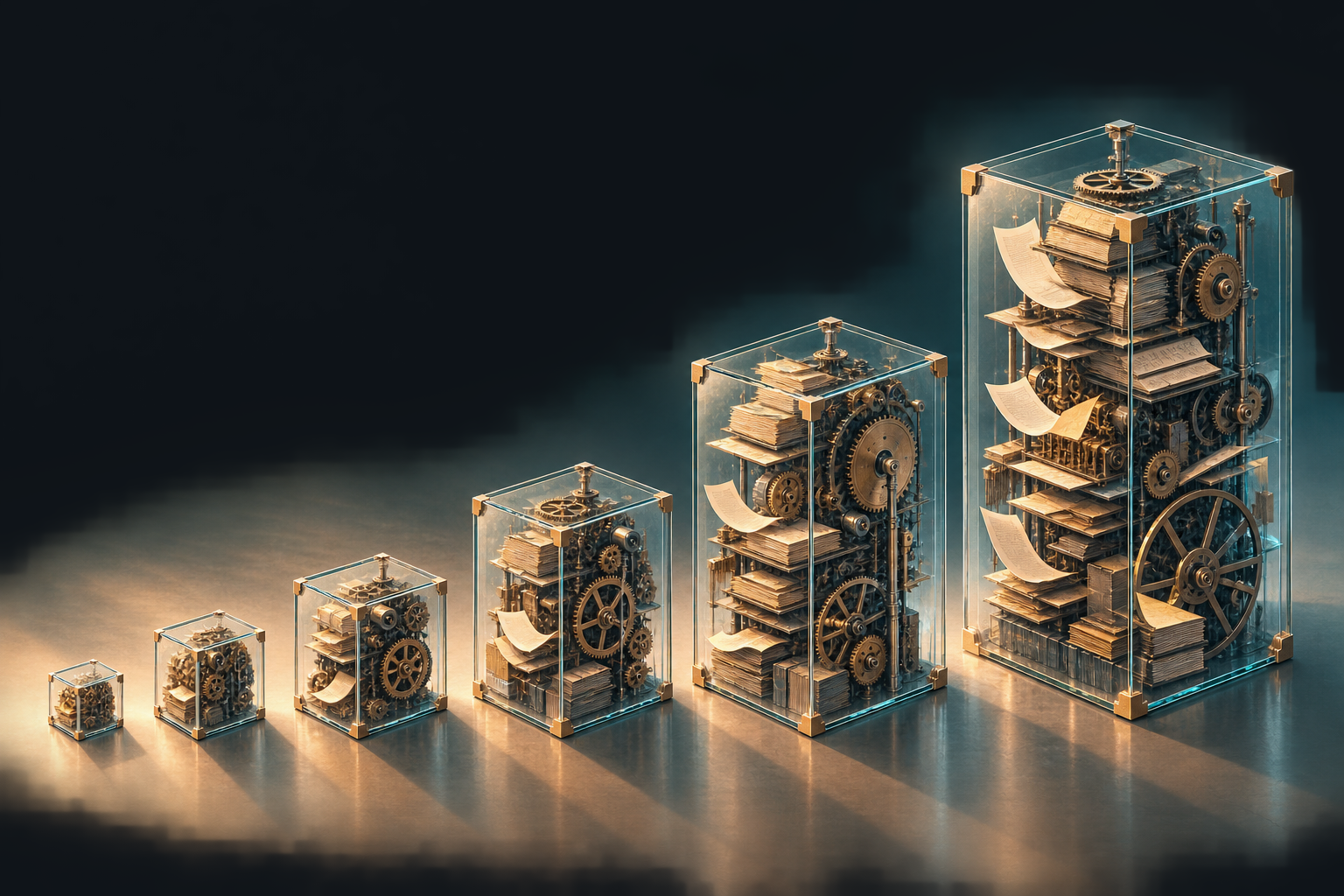 Six transparent cubes of increasing size stand in a row, each showing gears and layered pages inside.