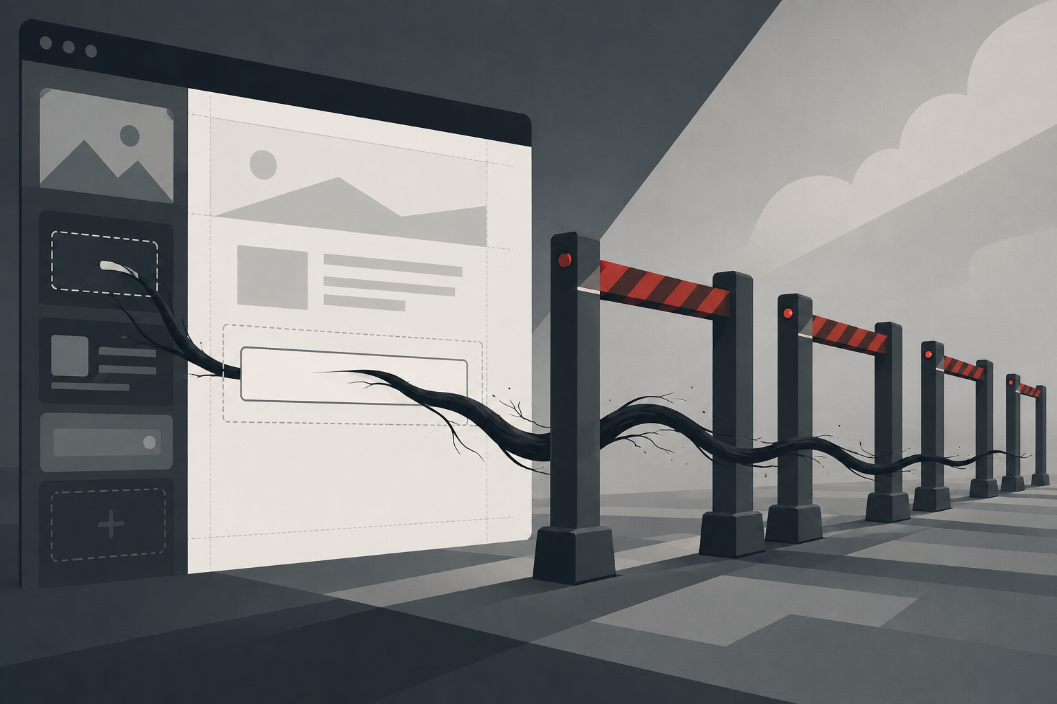 A dark tendril slips through a web form field past a row of checkpoint gates on a page-builder canvas.