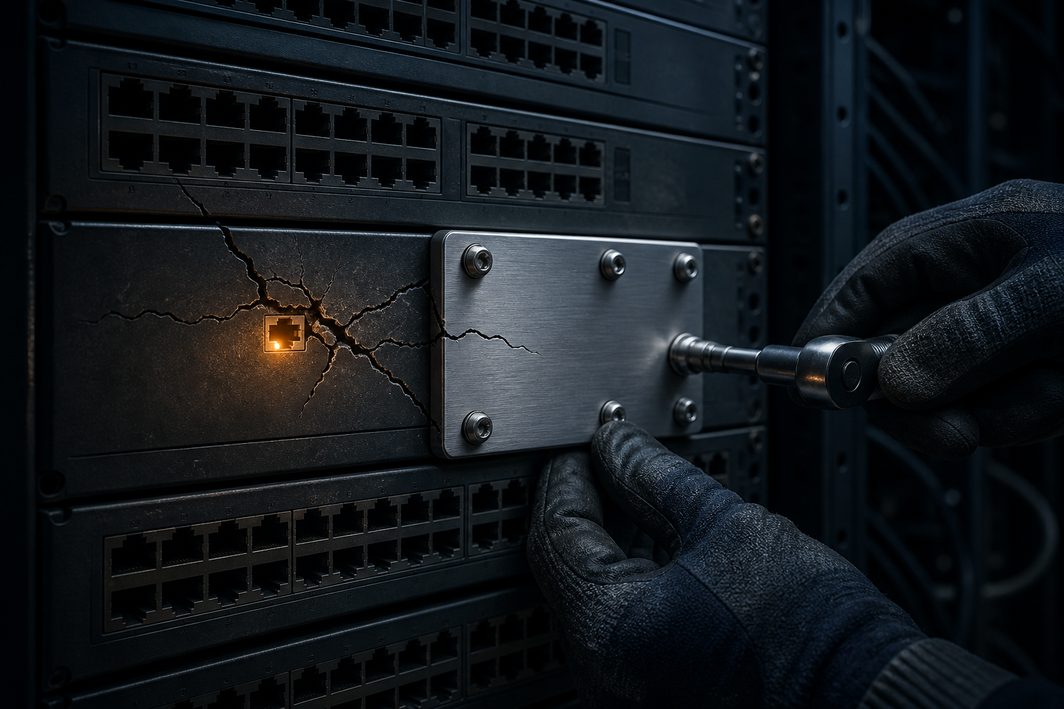 A crack spreads from one port on a rack of network switches while a metal plate is bolted over it.