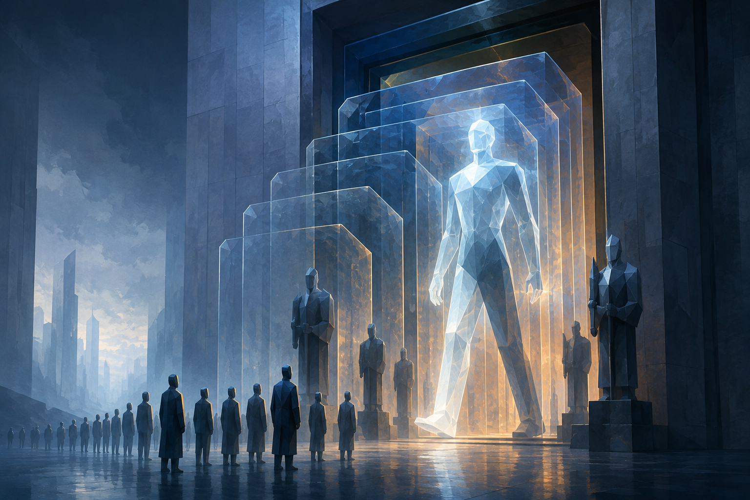 A glowing geometric figure passes through a gate of layered shields while small figures wait in line outside.