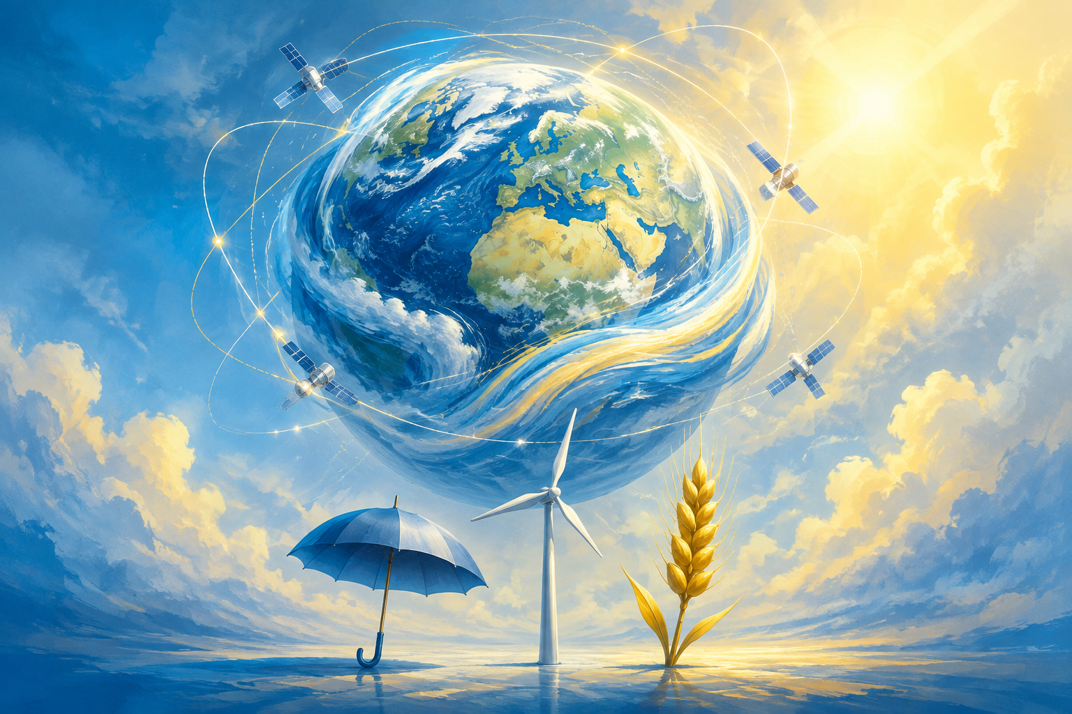 A globe wrapped in weather bands and satellite orbits sits above an umbrella, a wind turbine and a wheat stalk.