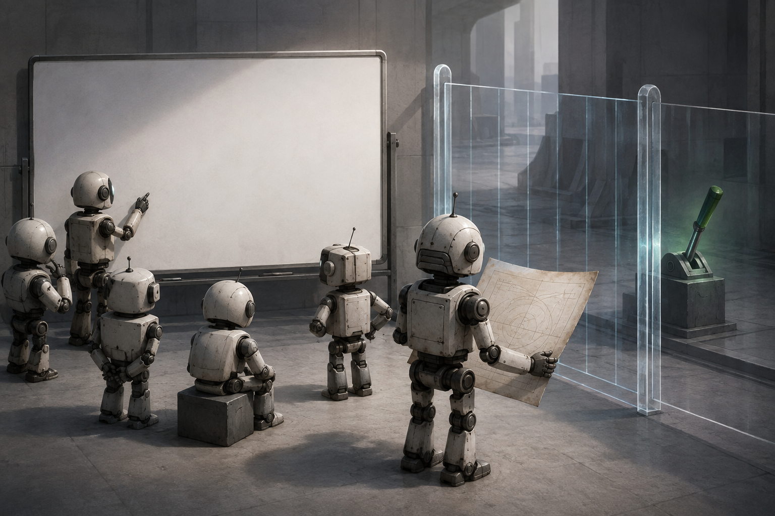 Small robots gather at a whiteboard while a translucent gate stops one holding an outdated blueprint from reaching a lever.