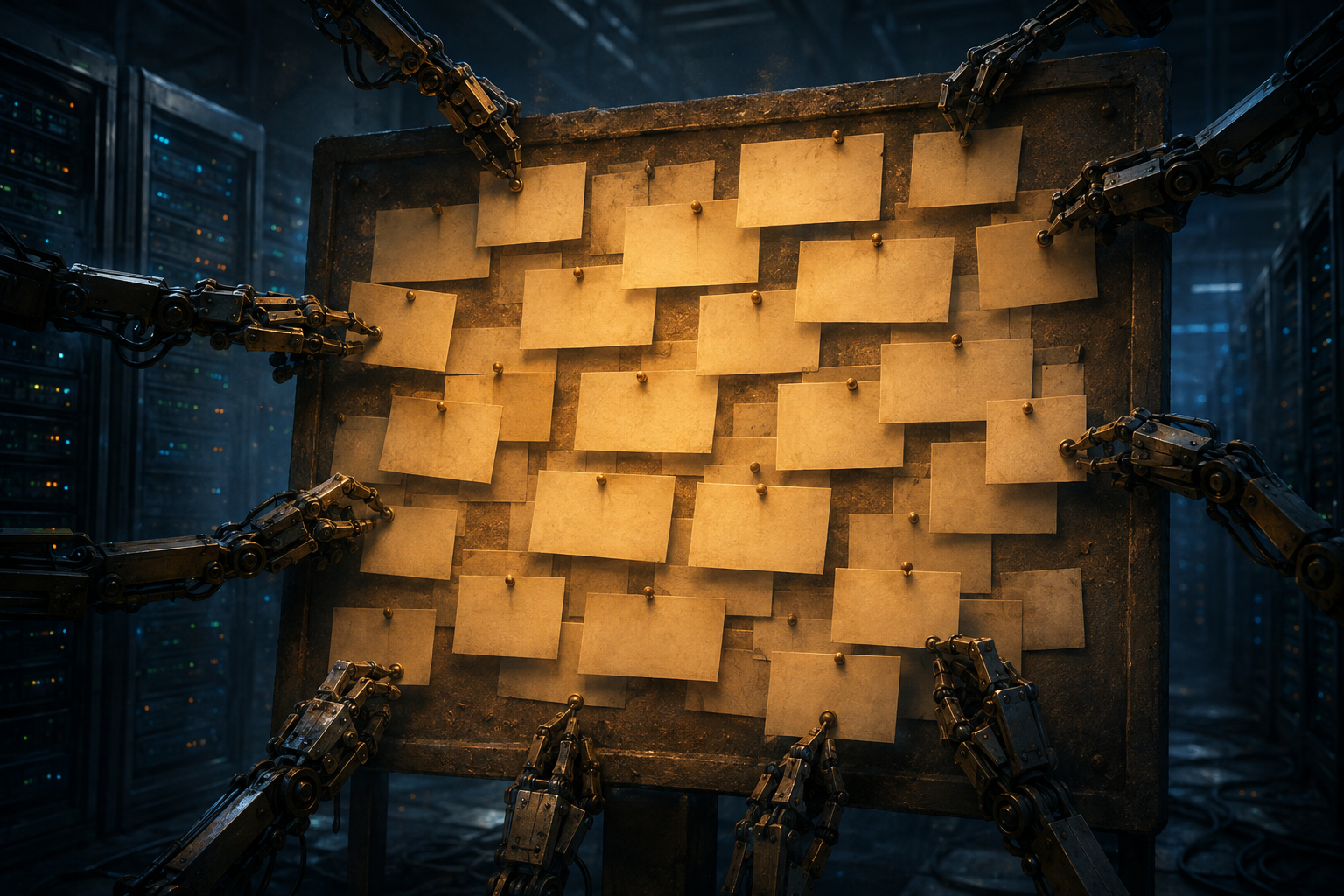 Many small mechanical hands pin glowing cards to a dusty notice board inside a dark server room.