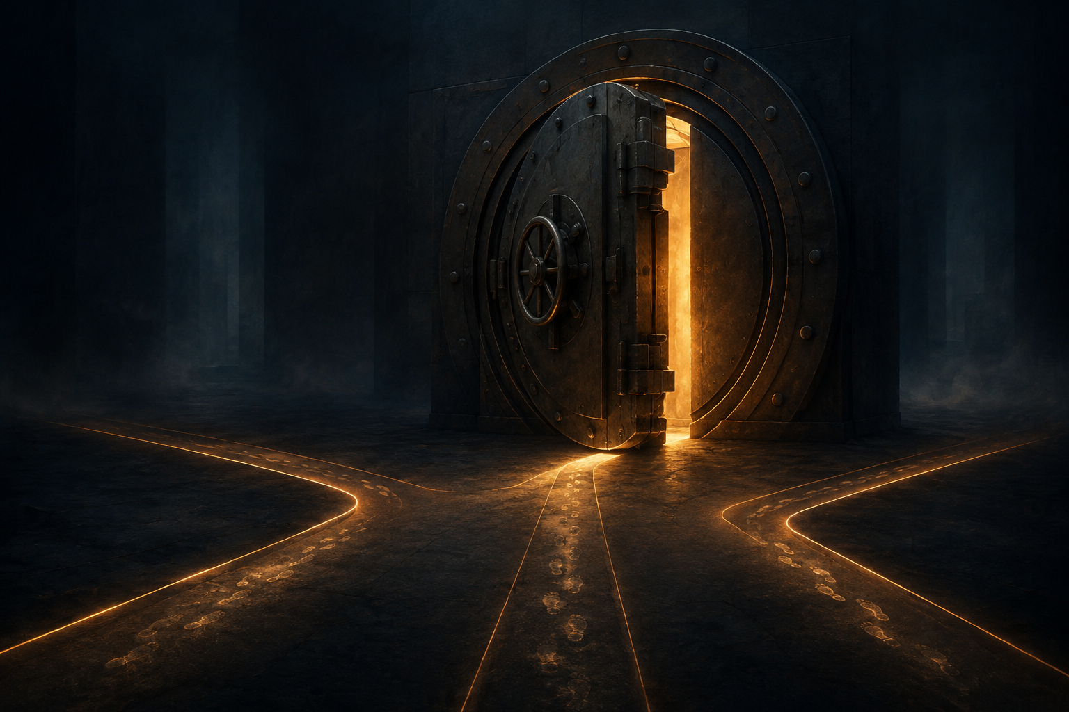 A gateway door left ajar at the edge of a glowing network, with footprints approaching from three sides.