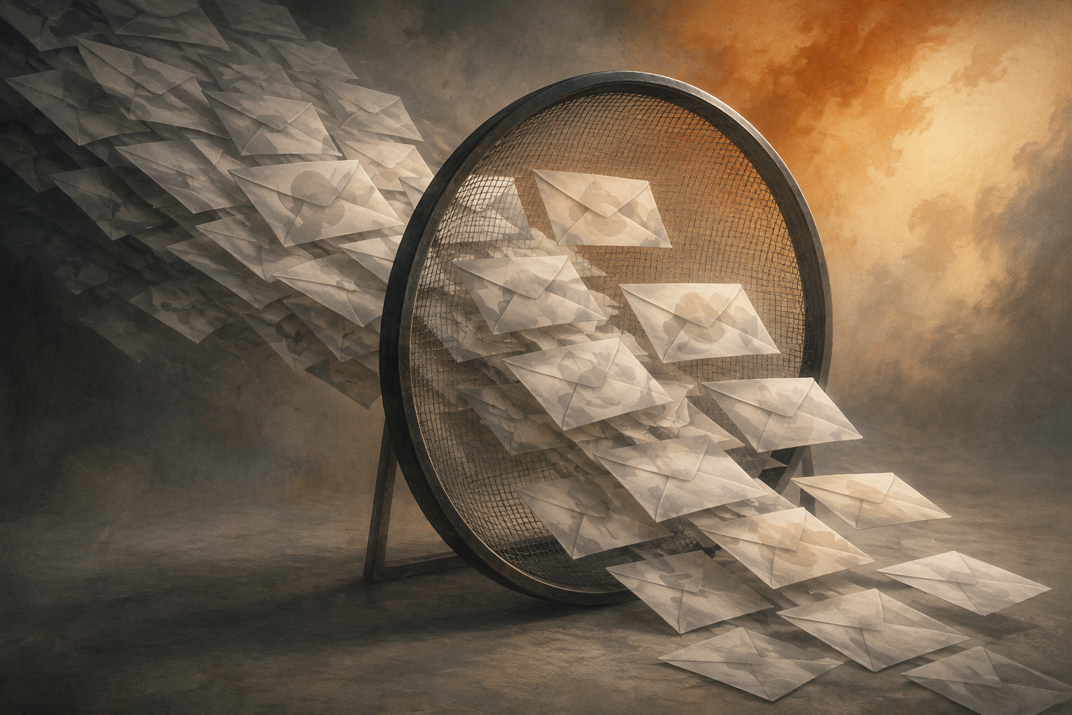 Envelopes pass through a sieve while transparent ghostly shapes hidden inside slip through undetected.