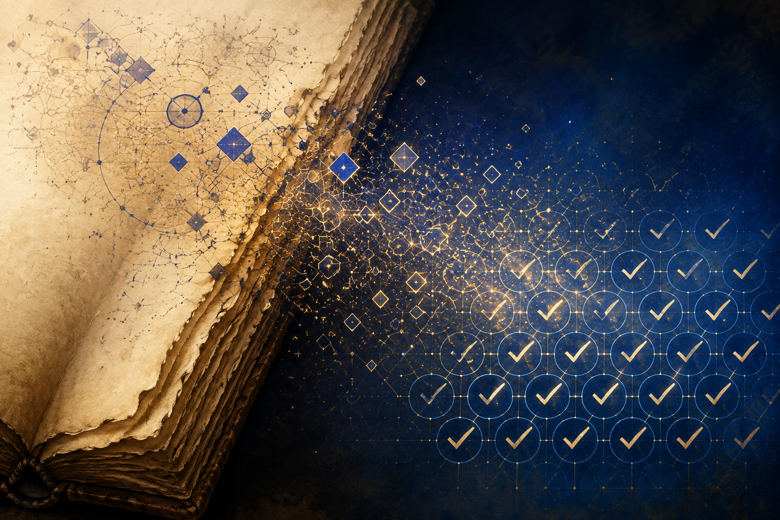 Luminous symbols spill from an old book margin and settle into an orderly lattice of checkmarks.