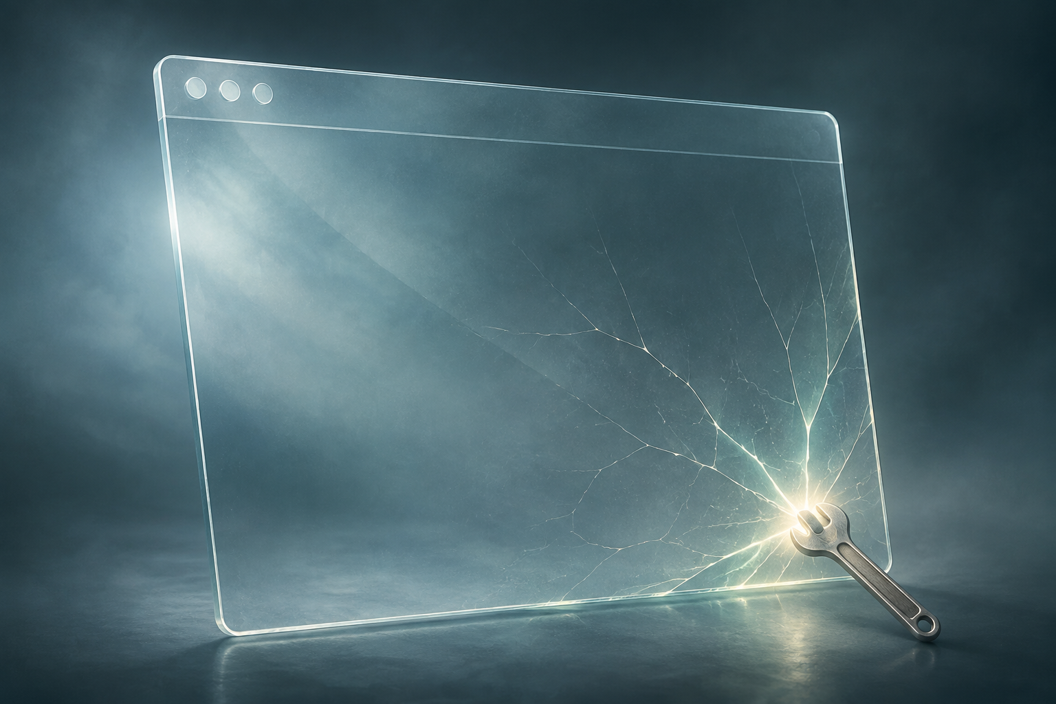 A cracked glass browser pane being sealed by a small glowing wrench.