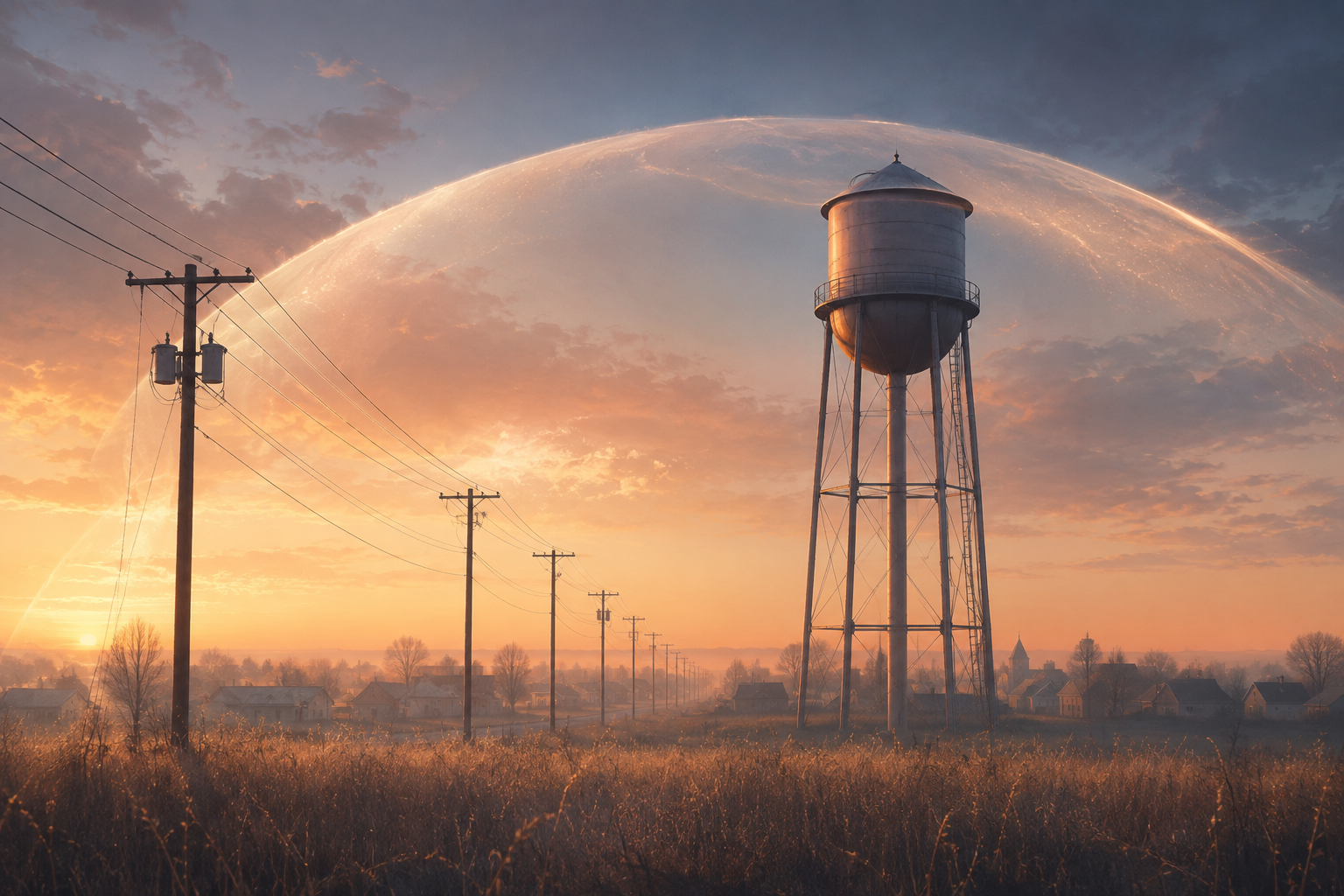 A water tower and power lines at dawn wrapped in a translucent shield of light.