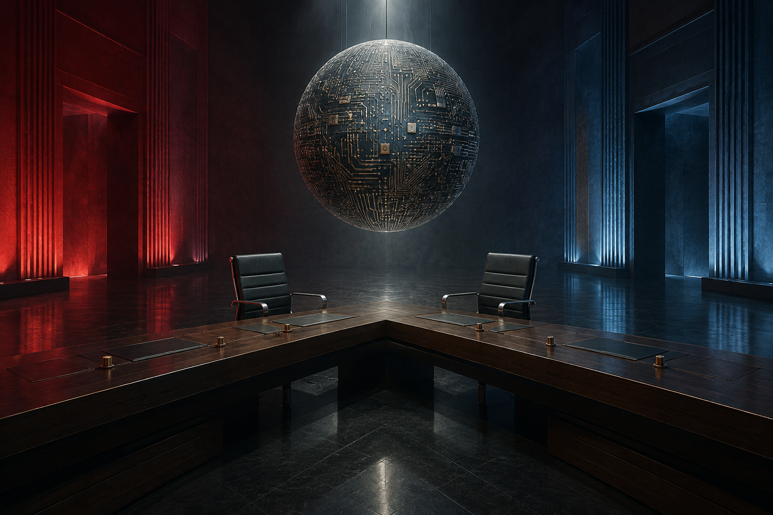 Two conference tables meet beneath a circuit-board globe with two empty chairs facing each other.