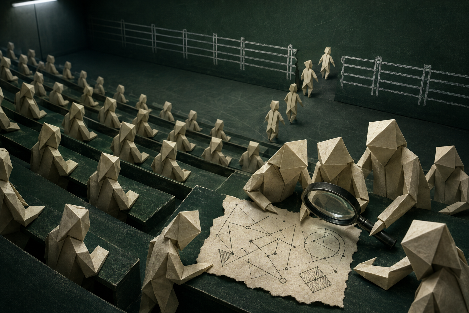 Identical origami figures fill a lecture hall as some inspect a torn sheet with a magnifying glass and others slip through a gap in a chalk fence.