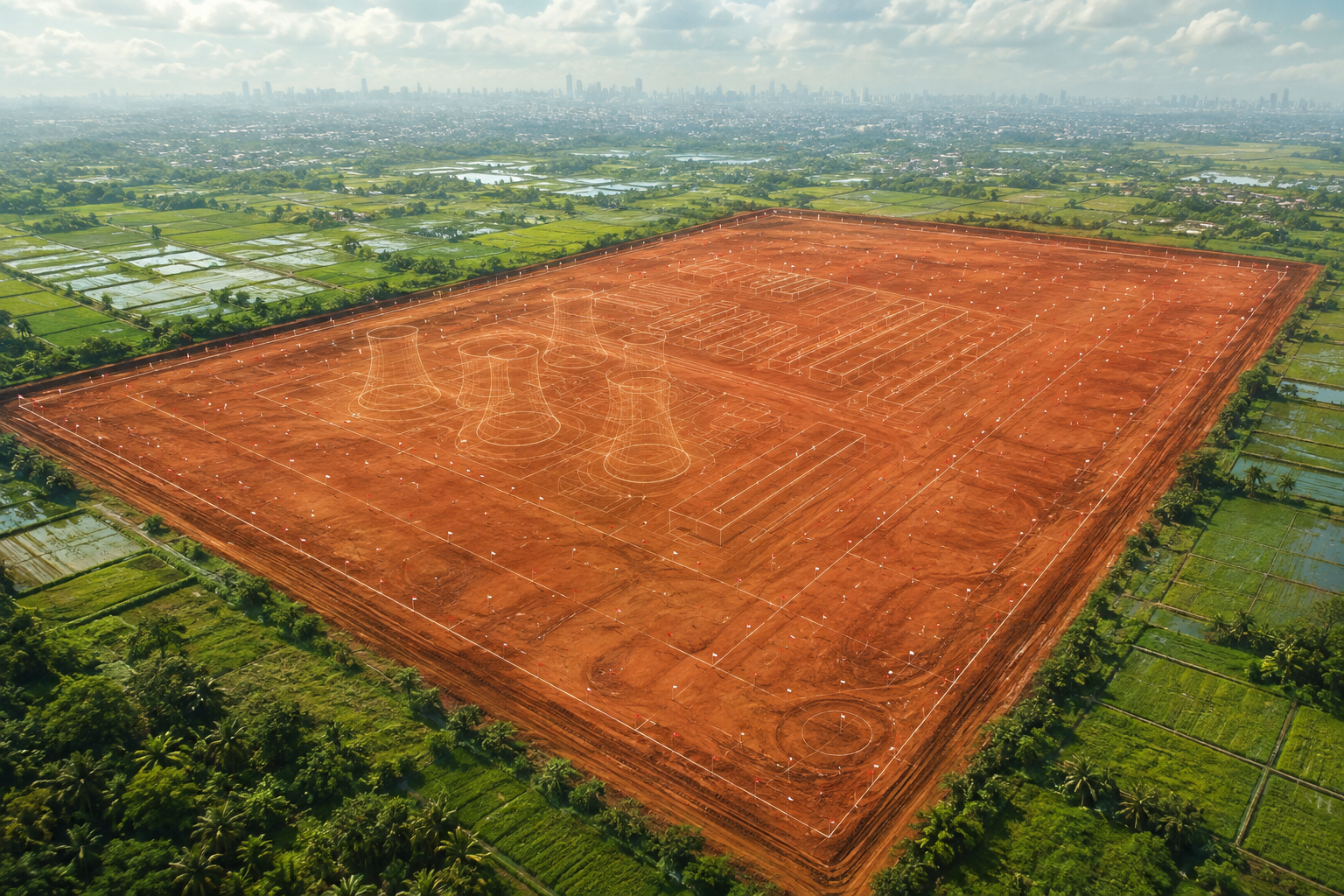 An aerial view of a large red-earth plot staked with survey flags amid green fields, with faint outlines of future buildings drawn over it.