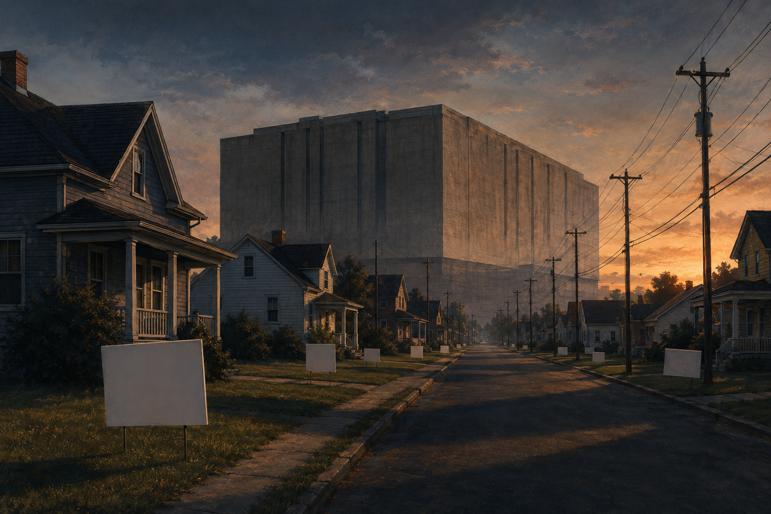 A small-town street at dusk with blank yard signs on lawns and a huge windowless data hall rising behind the houses.