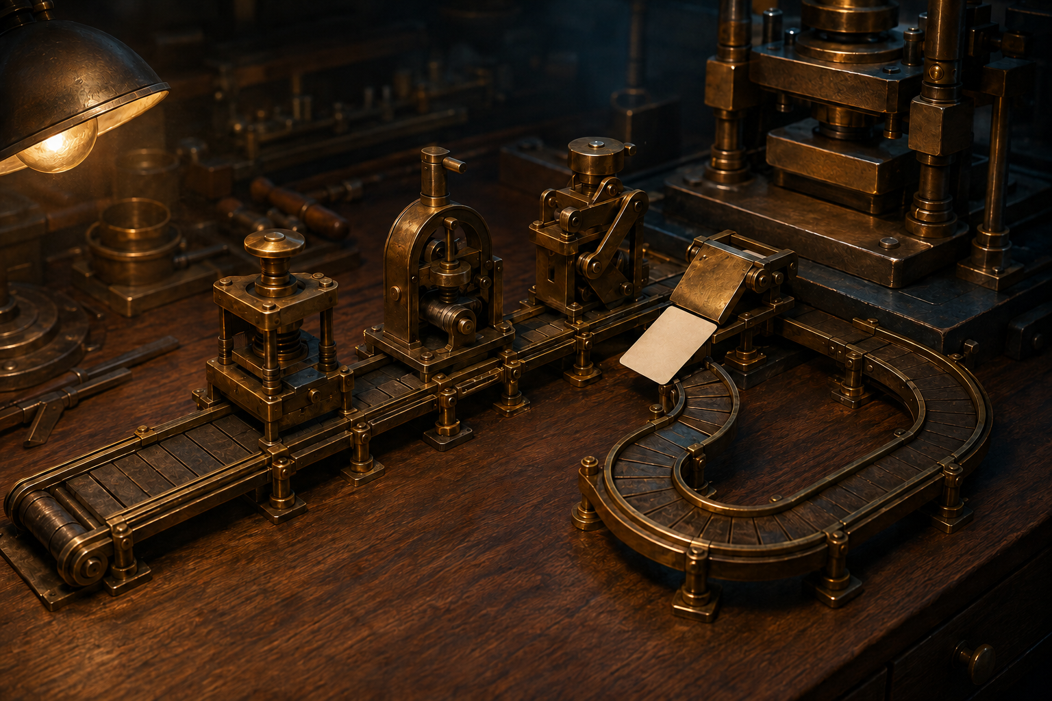 A blank card moves along a brass conveyor through differently shaped stamping stations on a workshop bench, with one track looping back to a larger press.
