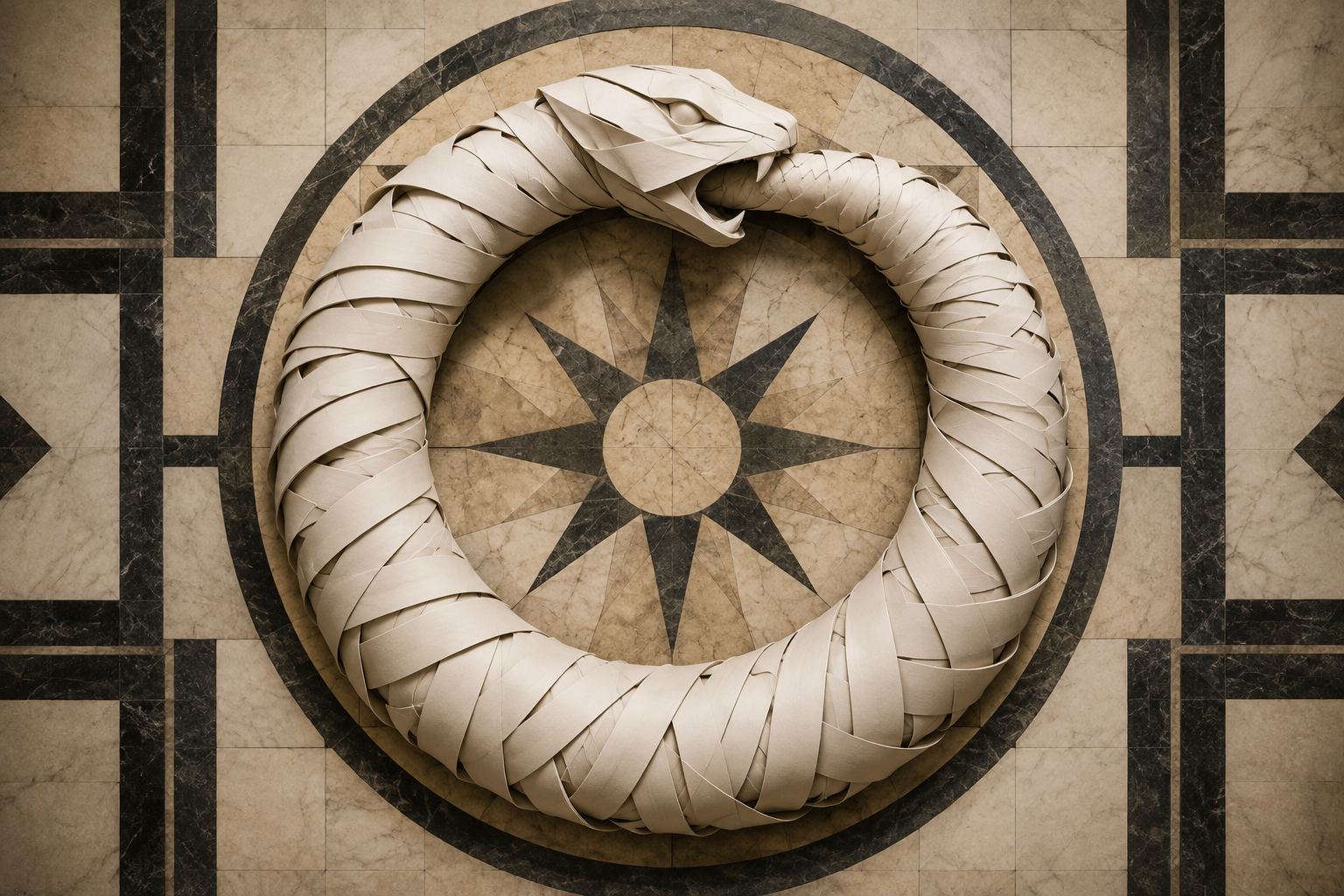 A serpent made of coiled newspaper strips bites its own tail on a marble courthouse floor, seen from directly above.
