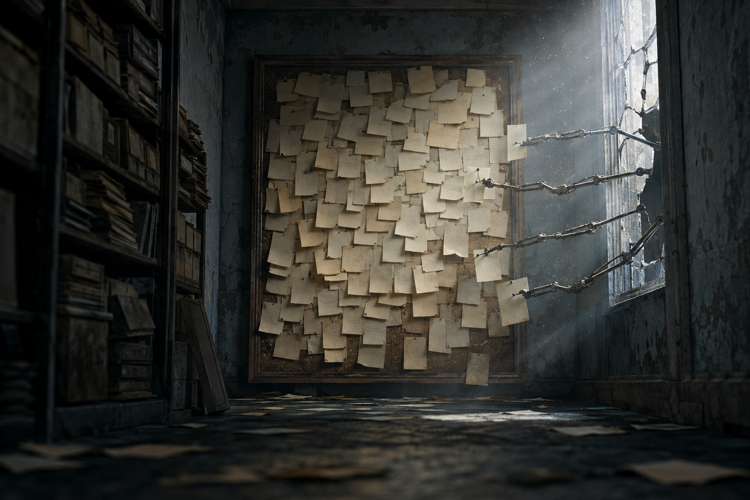 Mechanical arms reach through a cracked window to pin paper notes onto an overflowing bulletin board in a dim archive corridor.