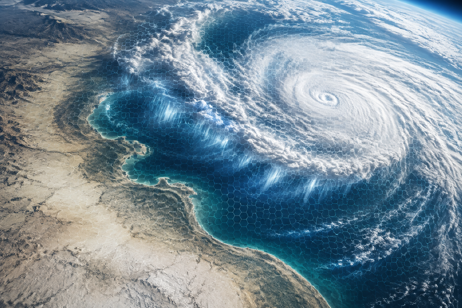 A satellite view straight down at a coastline where storm clouds are overlaid by a fine hexagonal grid.