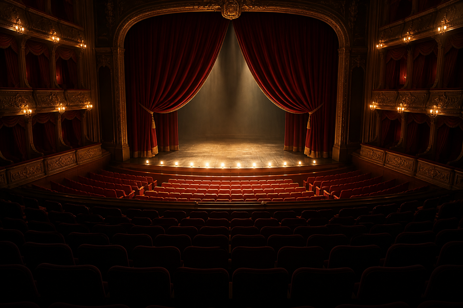 An empty theater where the stage curtains open and rows of seats light up progressively from front to back.