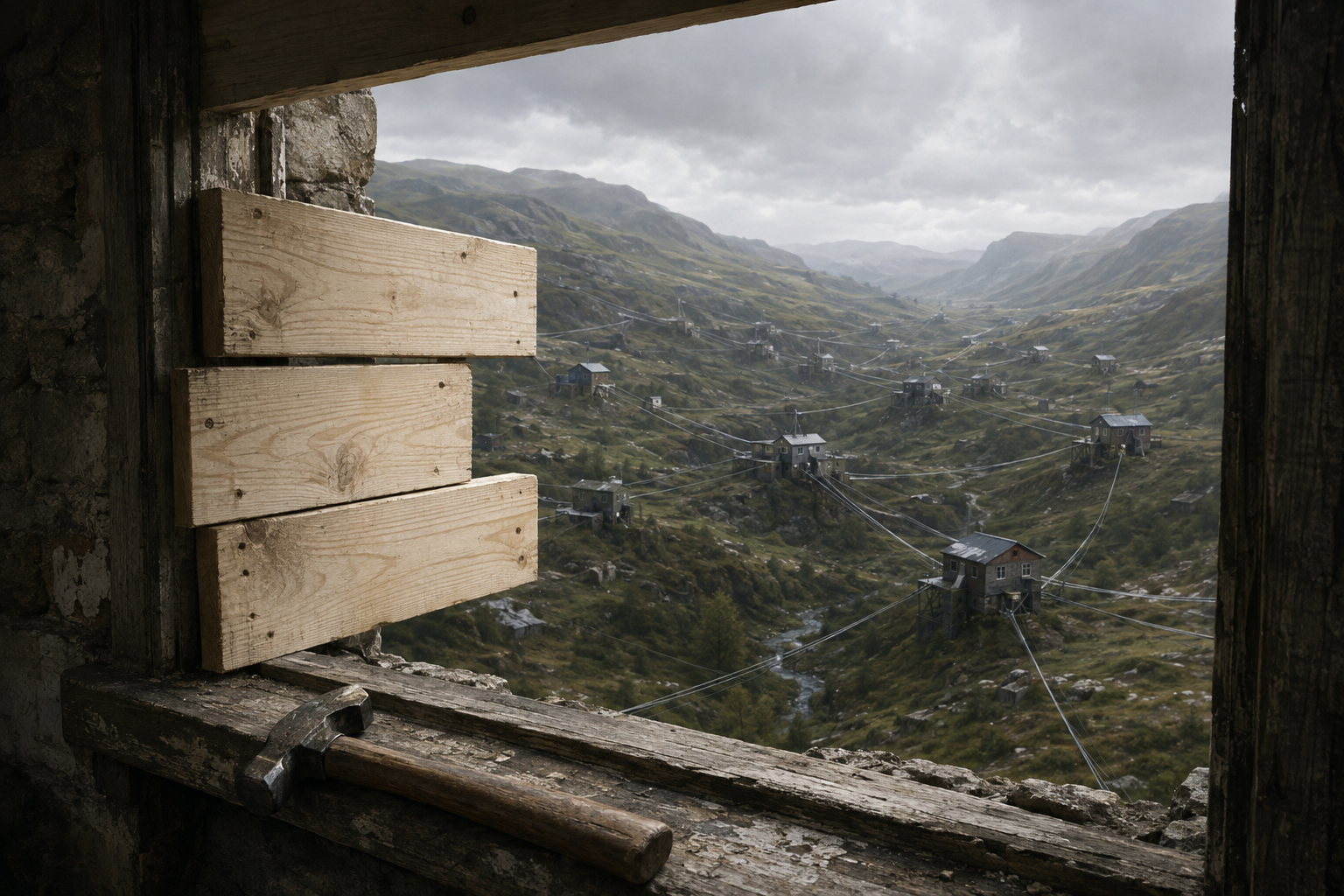 A view from a watchtower window, partly boarded with new planks, over a valley of small houses connected by cables.
