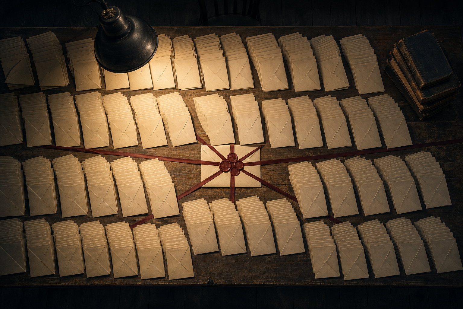 An overhead view of envelopes on a sorting table, with one envelope held under several overlapping red wax seals.