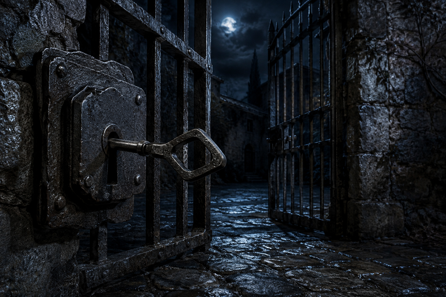 A wrong-shaped key turns in the lock of an iron gate in a stone wall under cold blue moonlight.