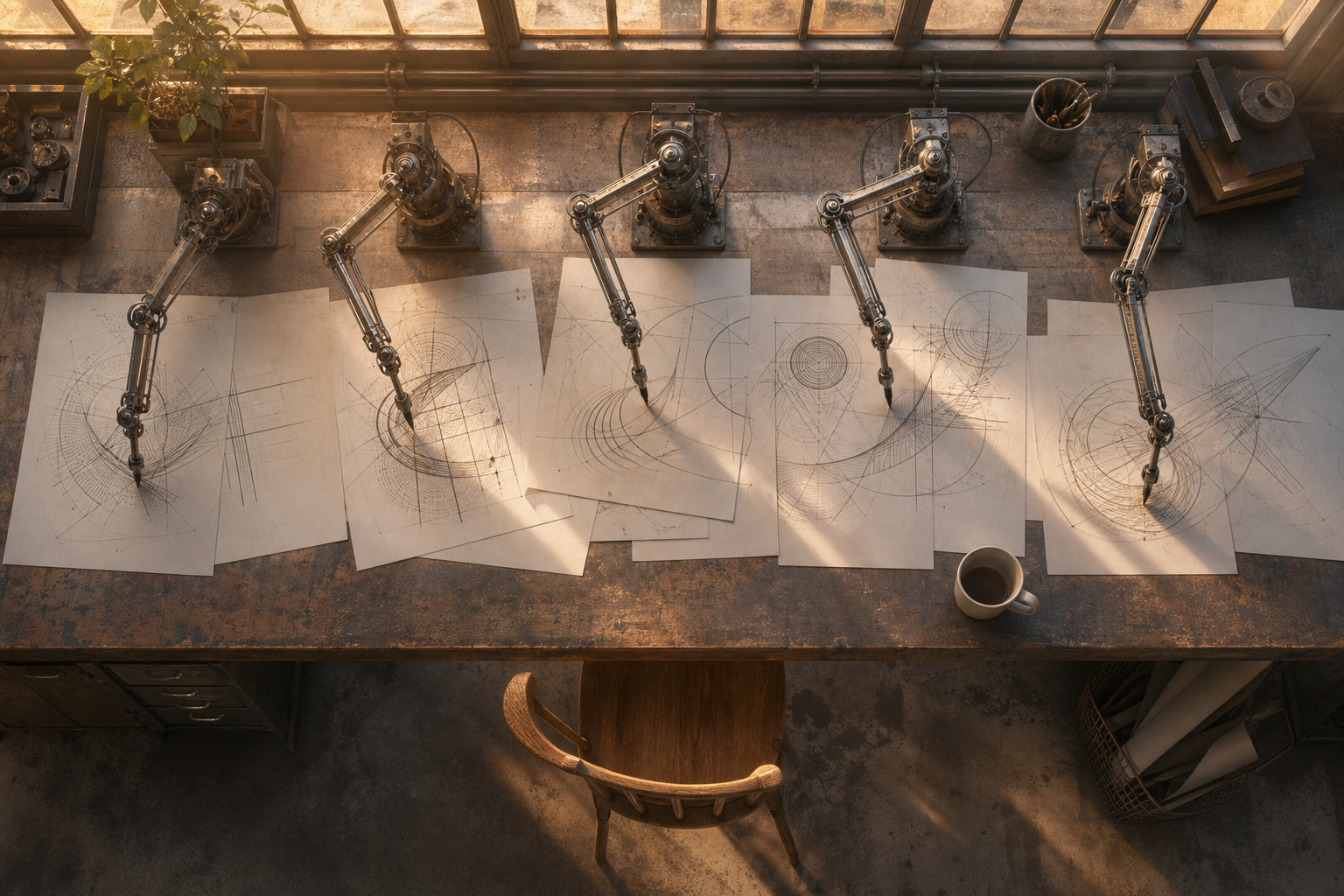 An overhead view of a lab bench where several small mechanical drafting arms sketch on paper next to one empty chair in warm morning light.