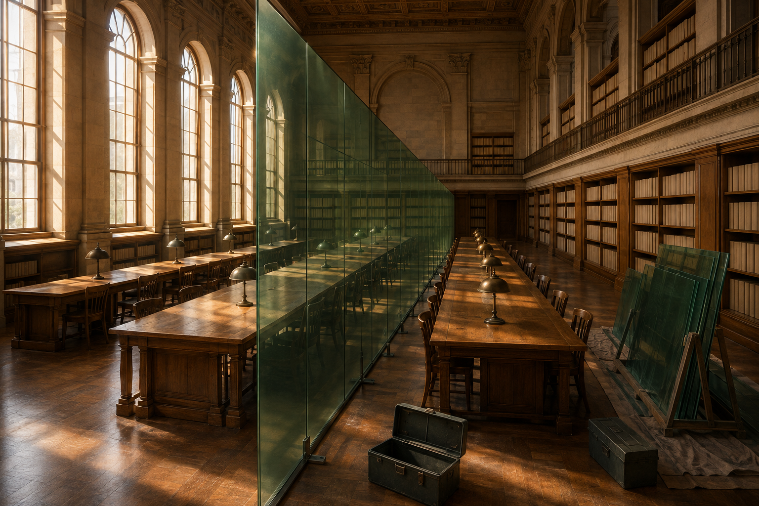 A large library reading room being divided by a new green glass partition, with tools and panels left on the floor.