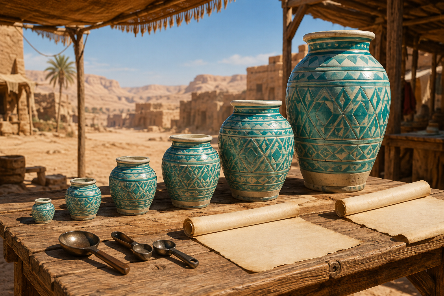 Six identically patterned ceramic jars of increasing size sit on a sunlit market table beside unrolled blank scrolls.