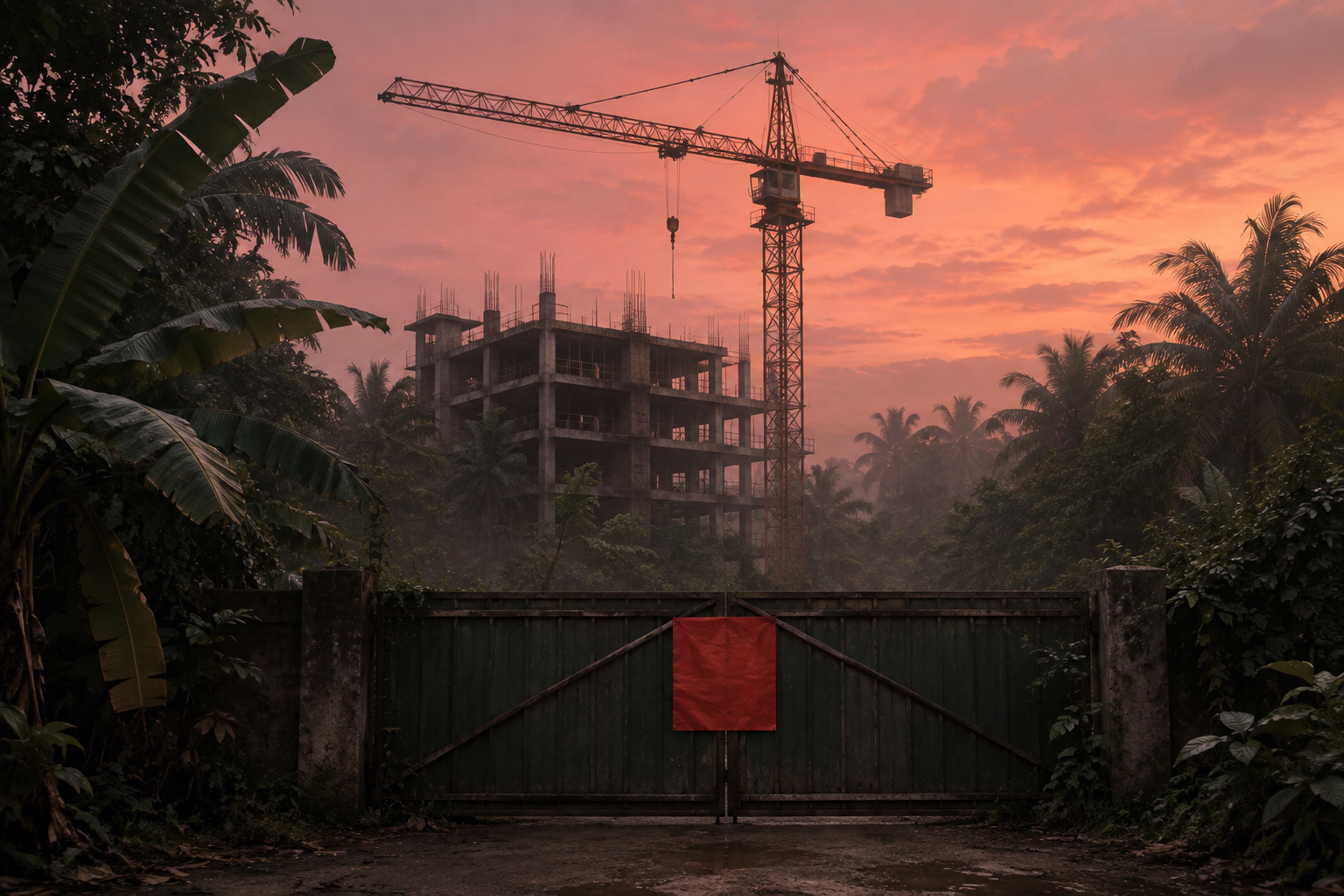 A construction crane stands idle over an unfinished building among tropical trees, with a red seal across the site gate at dusk.