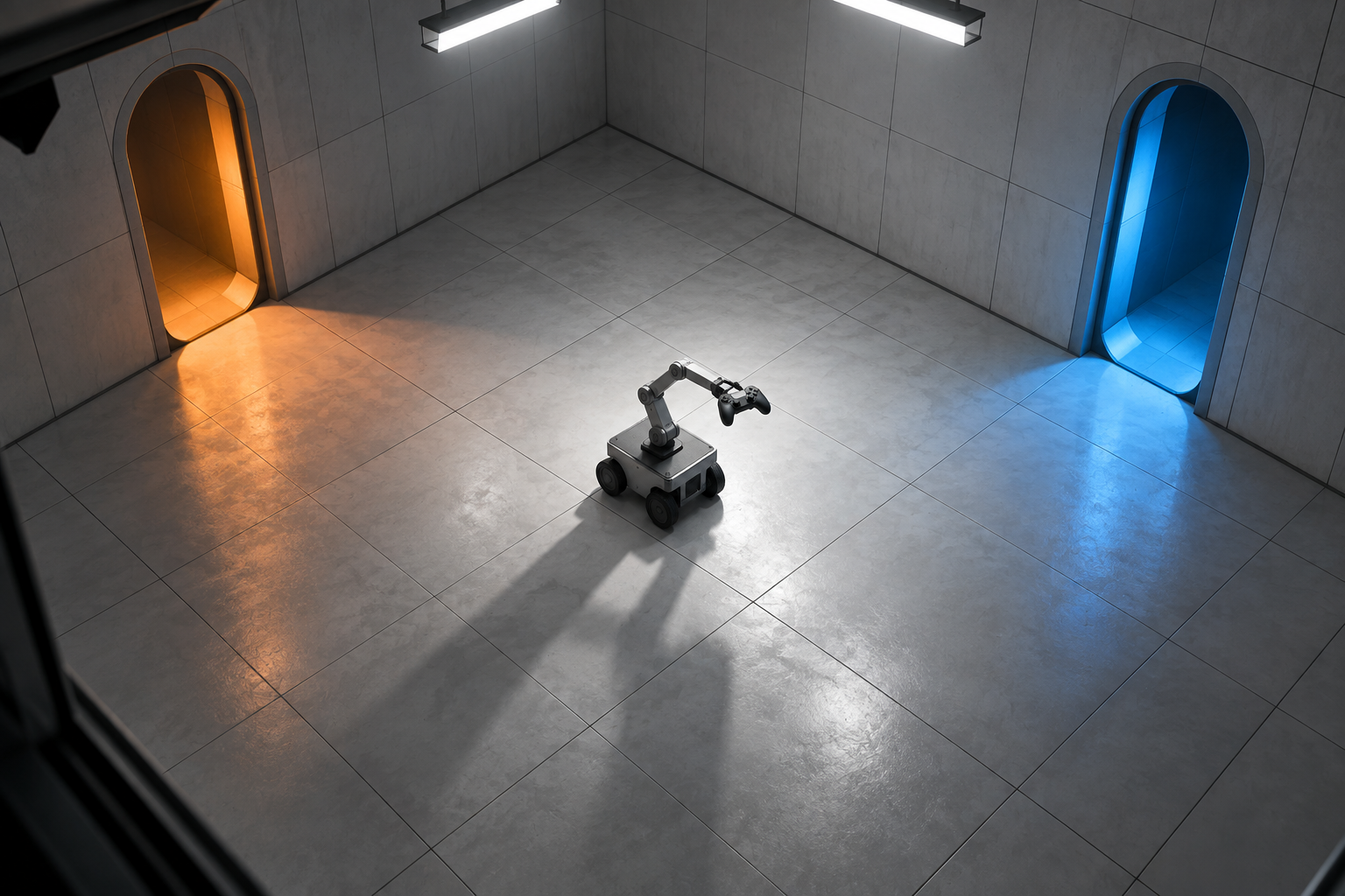 A high-corner view of a white test chamber with two glowing oval doorways and a small robotic cart holding a game controller.