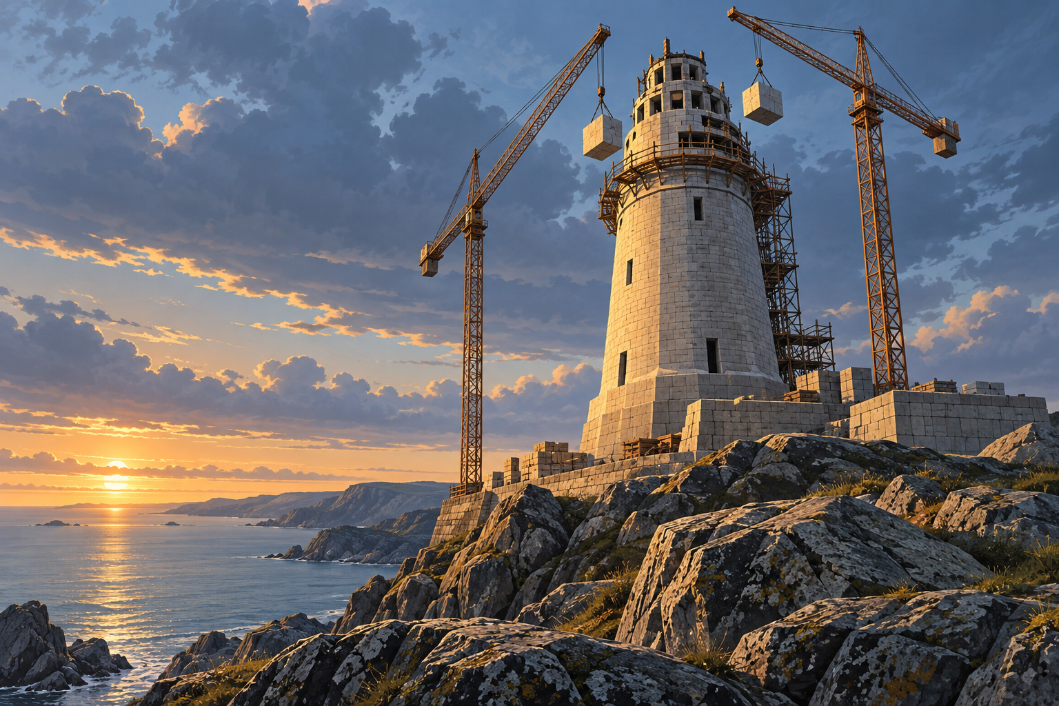 A stone lighthouse being built taller by cranes on a coastal headland at sunrise.