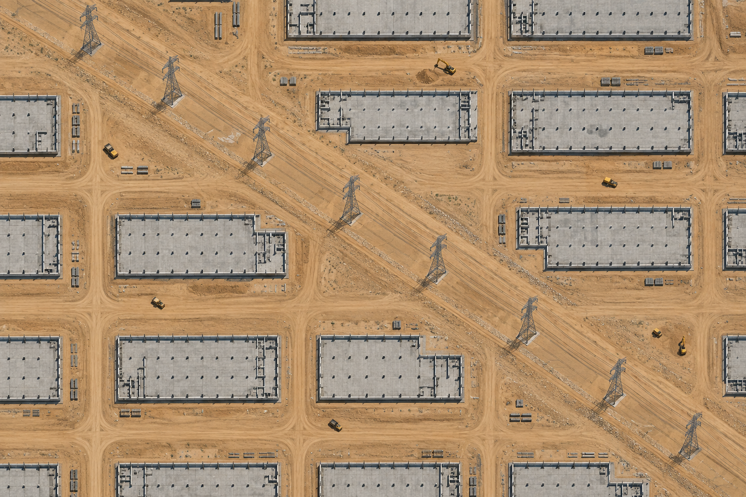 An aerial view of rows of unfinished data center foundations and power pylons across a desert plain.
