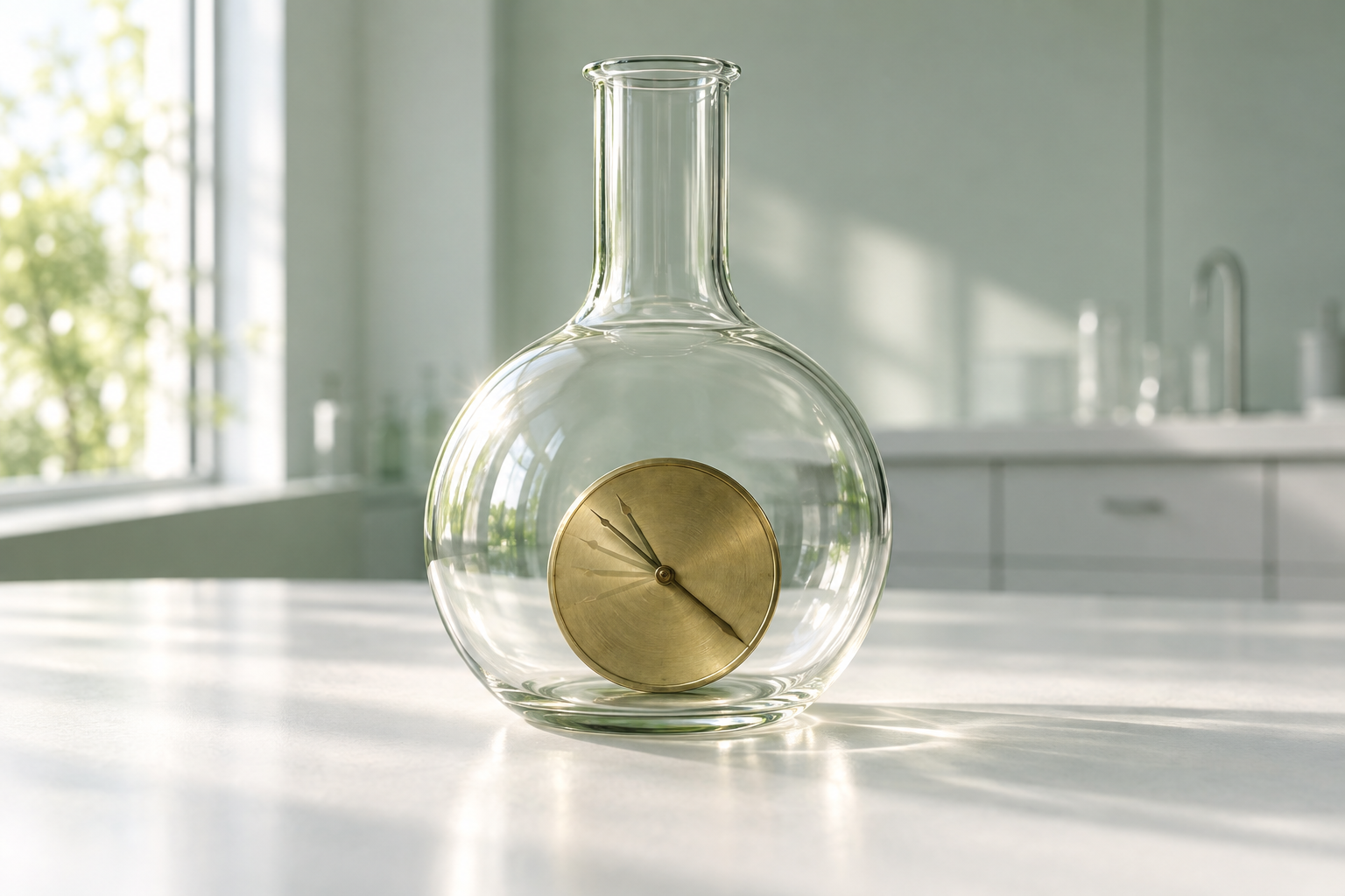 A glass laboratory flask on a bench containing a clock whose hands run backward.